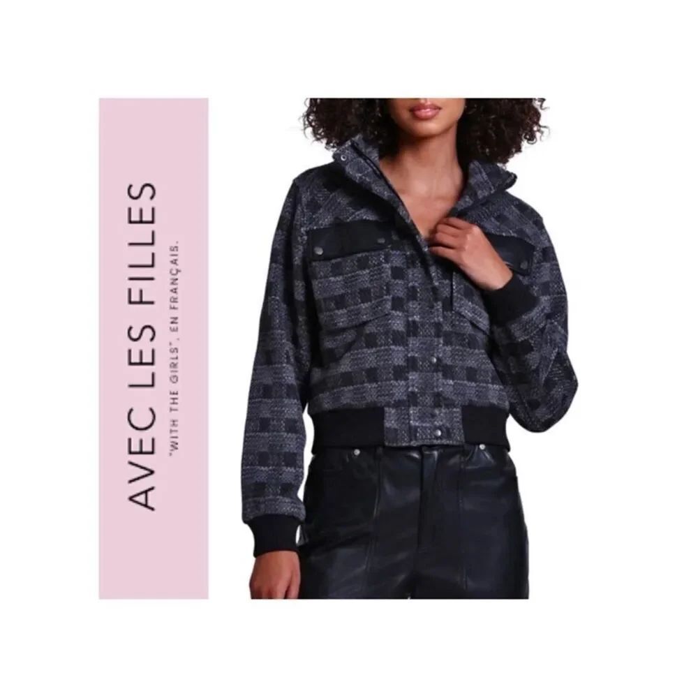 NWT Avec Les Filles Black & Grey Plaid Cropped Bomber Jacket